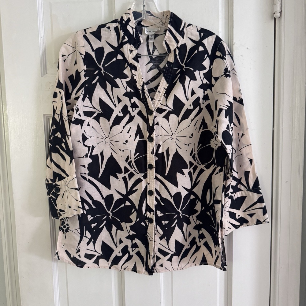 Harve Benard Women S Linen Blend 3/4 Sleeve Button Up Black White Floral Blouse - Picture 2 of 10